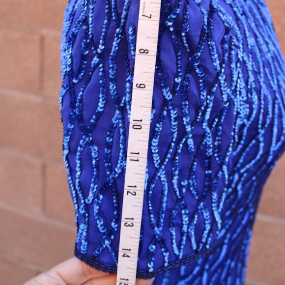 Laurence Kazar Silk Dress Womens SP Royal Blue Sequined Beaded Cocktail 90s - Picture 14 of 15